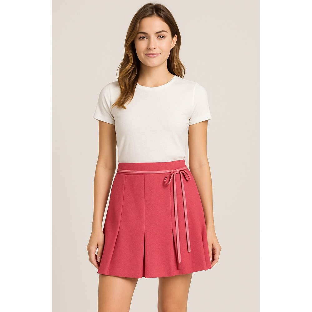 Sisley Pleated Mini Skirt Coral Pink‎ Wool Blend A-Line Tie Belt 🔥SALE🔥